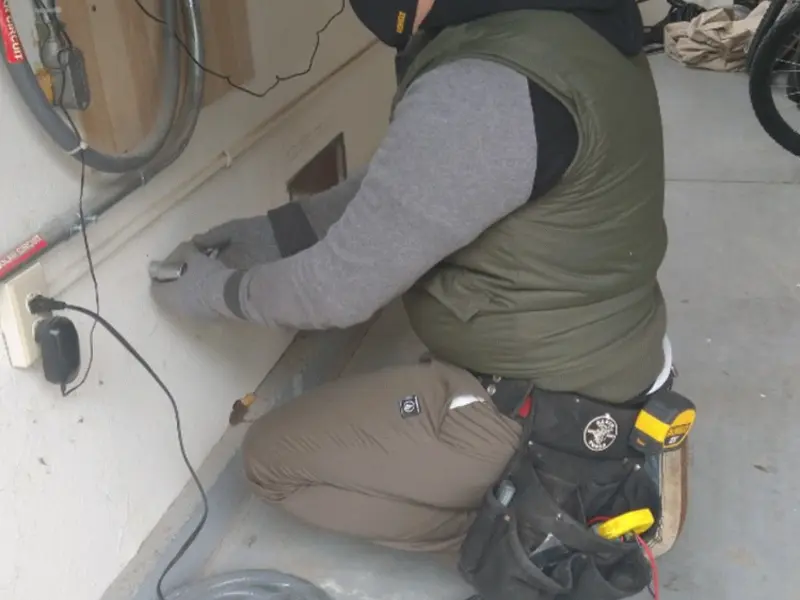 Electrician performing outlet wiring in a Pikeville garage